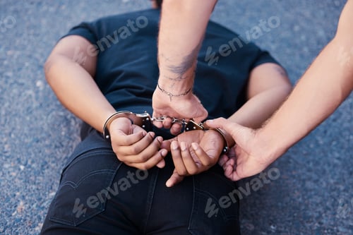 Preview: Drug arrest, drugs stealing and criminal man with handcuffs on the ground. Back hands view of legal