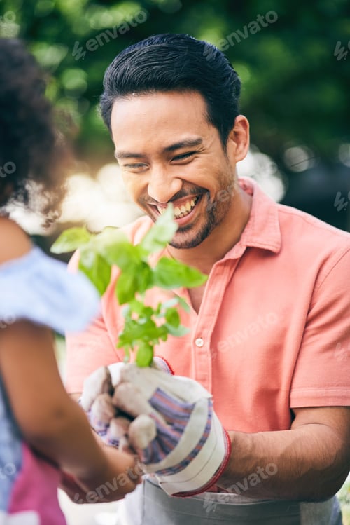Preview: Garden, plant grow and happy child, dad or family gardening, nature care or agriculture in backyard