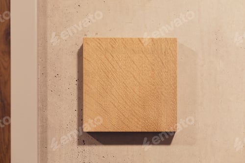 Preview: Wooden square sign board is mounted on smooth concrete wall