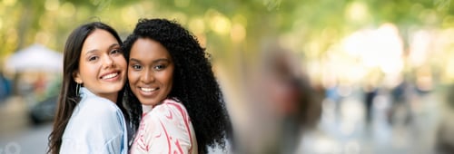 Preview: Friendship Concept. Portrait Of Two Happy Girlfriends Posing Outdoors