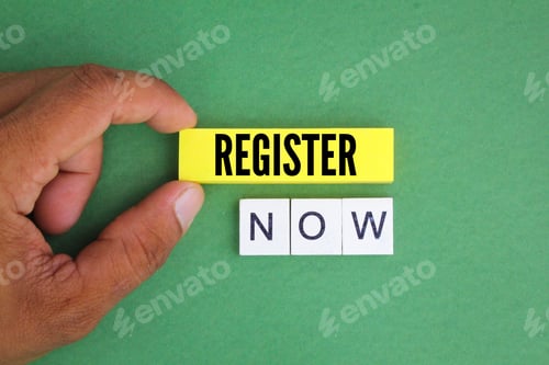 Preview: alphabet letters and colored paper with the word register now.