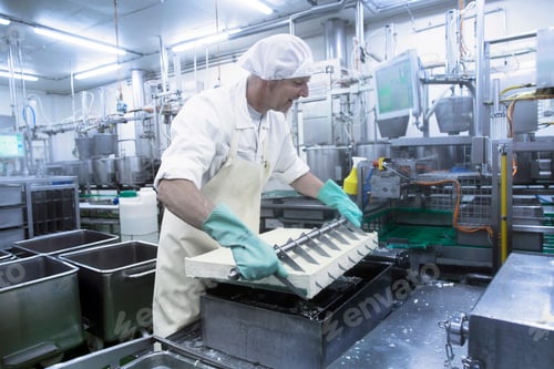 Preview: Male worker working in organic tofu production factory