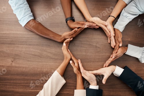 Preview: People with hands in circle, business diversity and banner for global recruitment marketing. Round