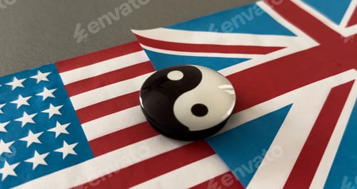 Preview: yin and yang figurine on the background of the flags