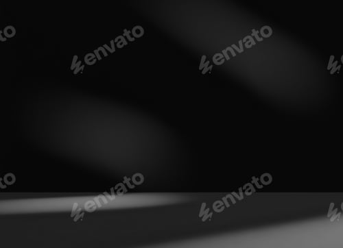 Preview: Empty black room studio with shadow overlay effect for product presentation display.