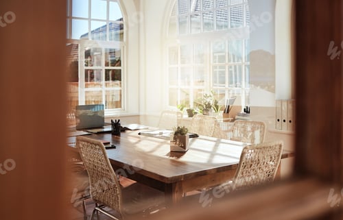 Preview: Interior, room and design with an empty boardroom in an office of a modern workplace during the day