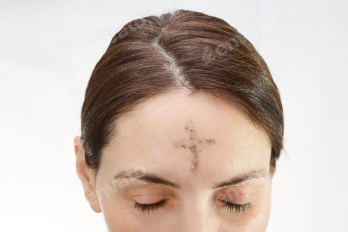 Preview: Woman with cross made from ash on forehead. Ash wednesday concept.