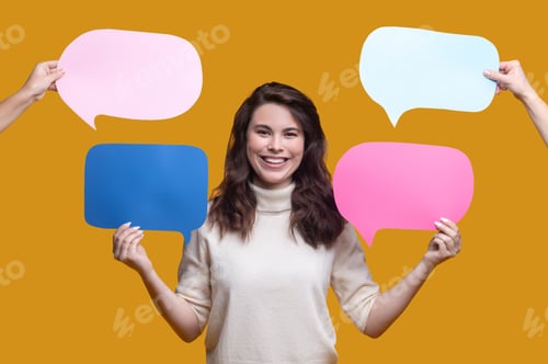 Preview: Smiling female demonstrating empty question and answer signs