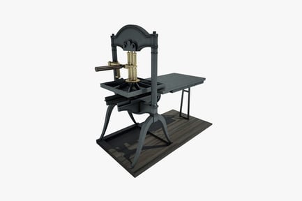 Preview: Ornate metal press on wooden stand