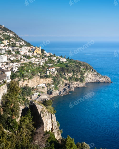 Preview: Praiano town in Amalfi coast, panoramic view. Italy