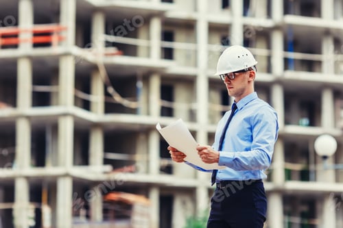 Preview: Construction engineer at the construction site looking at the drawing