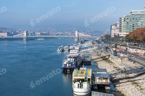 Preview: Image of ships and boats on bank of Danube river in Budapest, Hungary