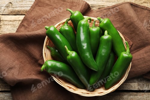 Preview: Ripe green jalapeno peppers in basket and towel on wooden table, top view