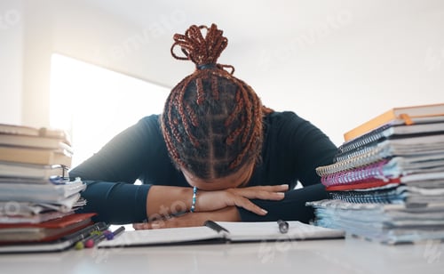 Preview: Stress, study and books with black woman sleeping at desk from burnout, tired or depression. Educat
