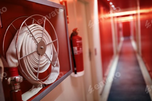 Preview: Fire extinguisher and hose reel in hotel corridor