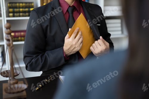 Preview: Businessman trying to bribe lawyers, bribery officer. Officials receive bribes in envelopes.