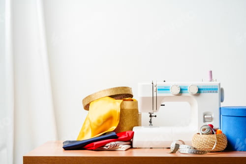 Preview: A sewing machine with colorful threads and fabric in a bright crafting space for creative projects