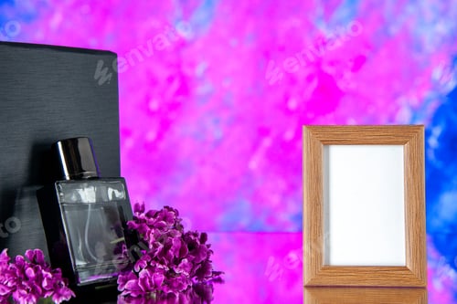 Preview: front view black expensive fragnance with picture frame on light pink background perfume holiday