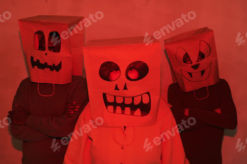 Preview: Group of people in funny paper bag masks