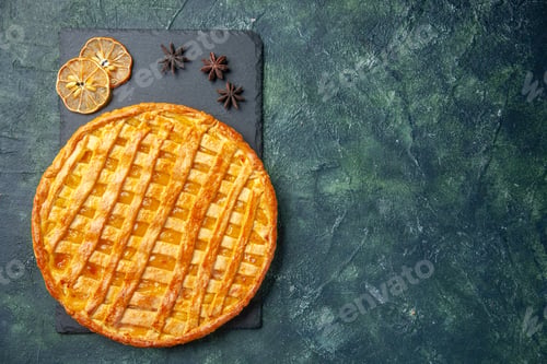 Preview: top view yummy jelly pie on dark background sweet oven dough biscuit cake dessert tea color sugar
