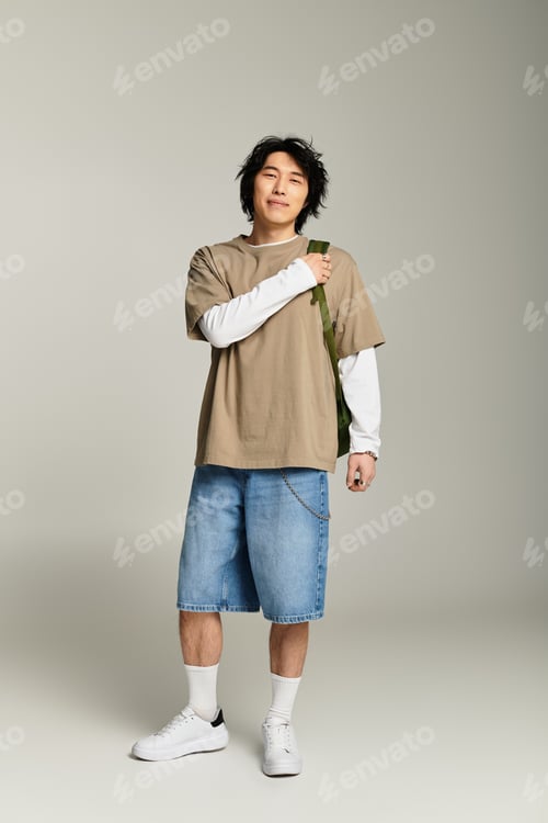 Preview: Young asian man showcases modern urban fashion in a stylish pose against a simple backdrop