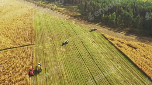 Preview: Aerial View Of Rural Landscape. Combine Harvester And Tractor Working In Corn Field. Collects Dry