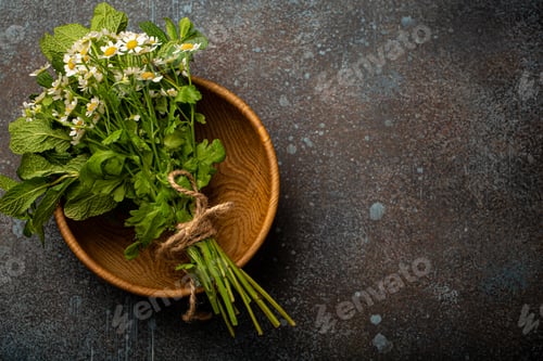 Preview: Fresh flowers and herbs top view for natural herbal medicine and homeopathy