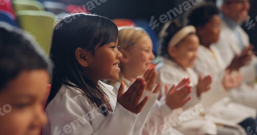 Preview: Students, applause and children with science, experiment and excited with happiness, learning and t