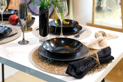 Preview: Table Setting with Black Dishes for a Festive Romantic Dinner or Homemade Dinner