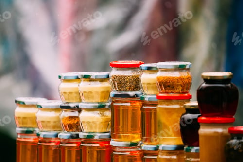 Preview: Various Jars With Sweet Tasty Yummy Jams. Jam Made From Walnuts, Pine Cones, Walnuts, Honey