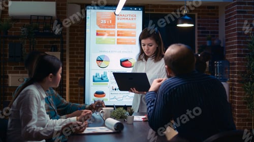 Preview: Employee speaking in business meeting, financial report presentation