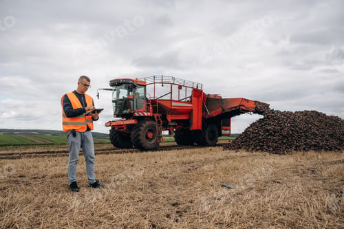 Preview: Digital tablet is in hands. Farmer is working in the agricultural field. Against beet harvester