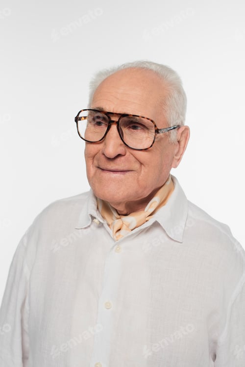 Preview: portrait of smiling elderly man in glasses isolated on white
