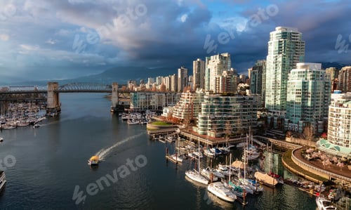 Preview: Aerial View of Granville Island in False Creek with modern city