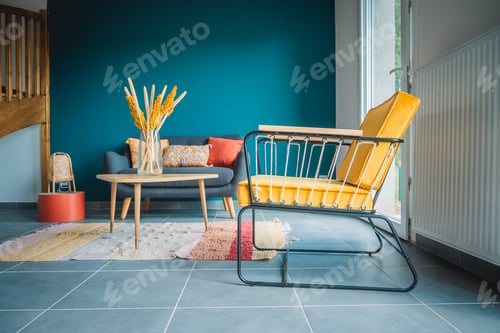 Preview: Beautiful light interior design of a modern living room in blue and yellow colors