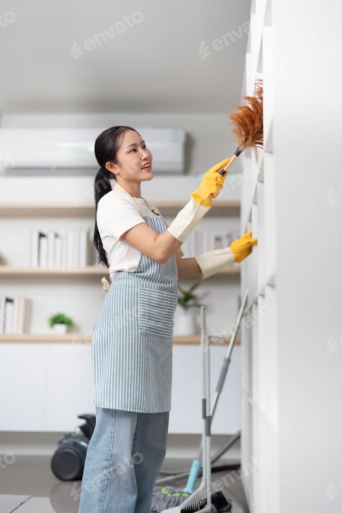 Preview: Home Cleaning. Young woman dusting shelves with a cheerful expression.