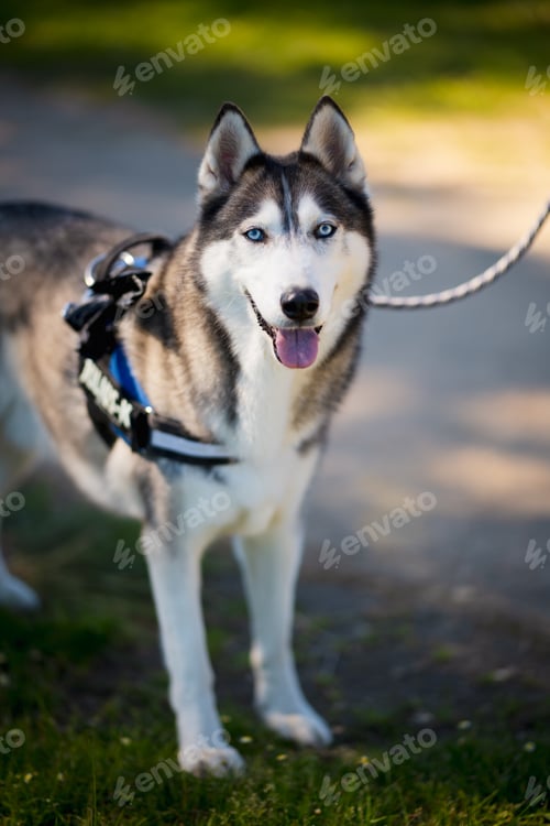 Preview: Vertical shot of a beautiful husky dog on a leash