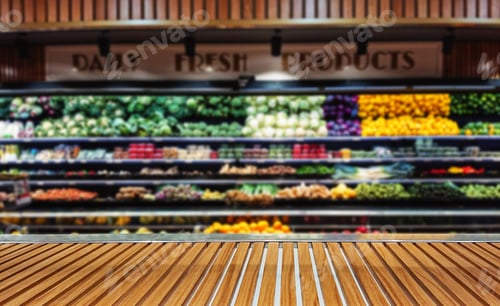 Preview: Panoramic view of vegetable stall counter in supermarket with copy space