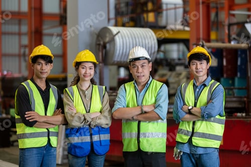 Preview: Group of various nationalities engineer professional successful team corporate workers standing in f
