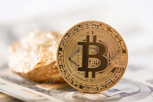 Preview: Main cryptocurrency golden bitcoin and gold lump represented on background of dollar banknotes
