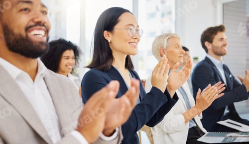 Preview: Happy young asian businesswoman clapping hands for presentation during a meeting in an office board