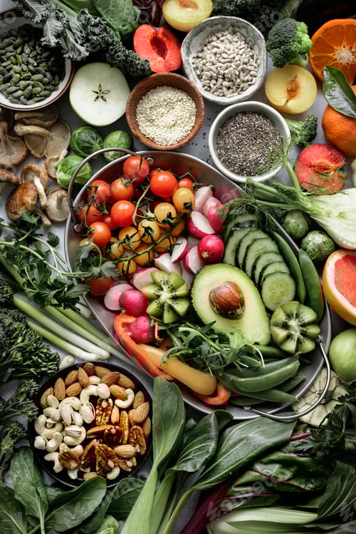 Preview: Fresh vegetables with mixed nuts flat lay healthy lifestyle