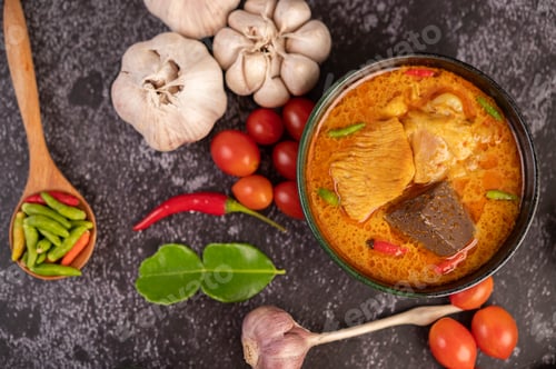 Preview: Chicken curry in a black cup.