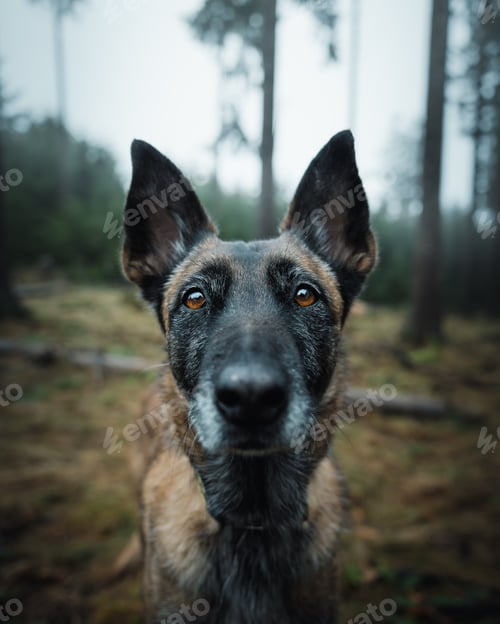 Preview: Belgian Malinois in a forest looking at the camera