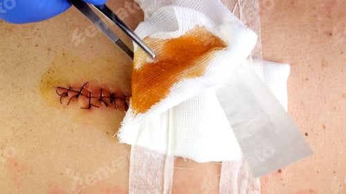 Preview: Medical sutures, stitch after surgery, stitched surgical sutures on human body smeared betadine.