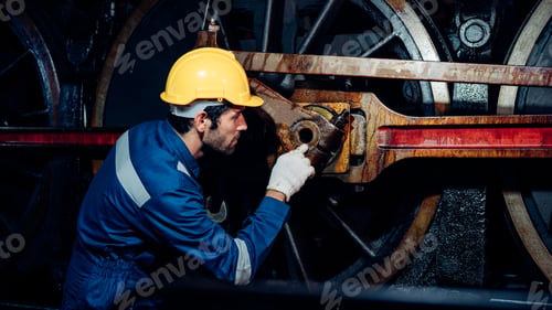 Preview: Engineer railway wearing safety uniform and helmet under checking under train.