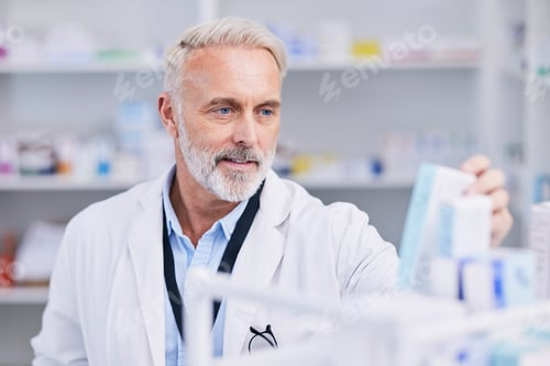 Preview: Pharmacist, man and medicine box for shelf management, reading label and stock research or medical