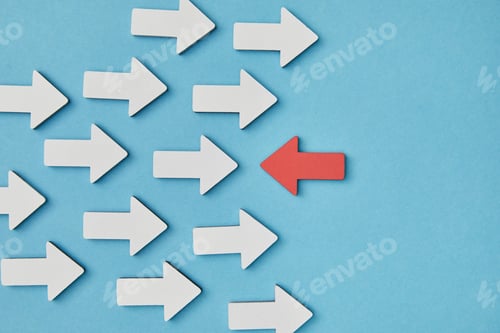 Preview: top view of red horizontal pointer opposite white arrows on blue background