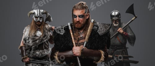Preview: Fierce viking with fur and armor against gray background