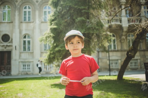Preview: Candid portrait of toddler in red t-shirt on the park background